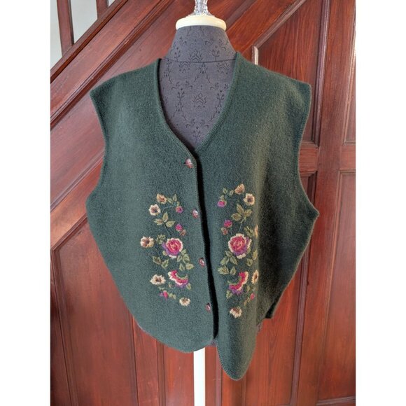 Vtg Jantzen Woman 2X Green Wool Vest With Floral Hand Embroidery & Button Front - Picture 1 of 7